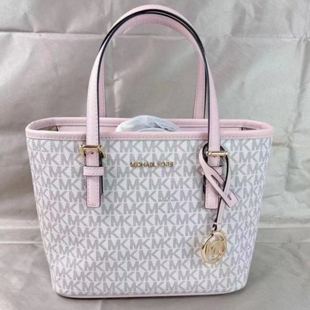 Michael Kors Jet Set Travel Tote Bag NEW Logo Print Canvas Pink w/ Gold Hardware